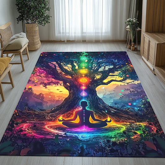 For Spiritual Yoga Studio Extra Large Meditation Mat - Heavy-Duty 800gsm Non-Slip Yoga Mat & Mat with Chakra Tree Design in Green, Blue, Purple, Pink, Orange, Yellow, Red, - Machine Washable Floor Mat for Living Room, Bathroo