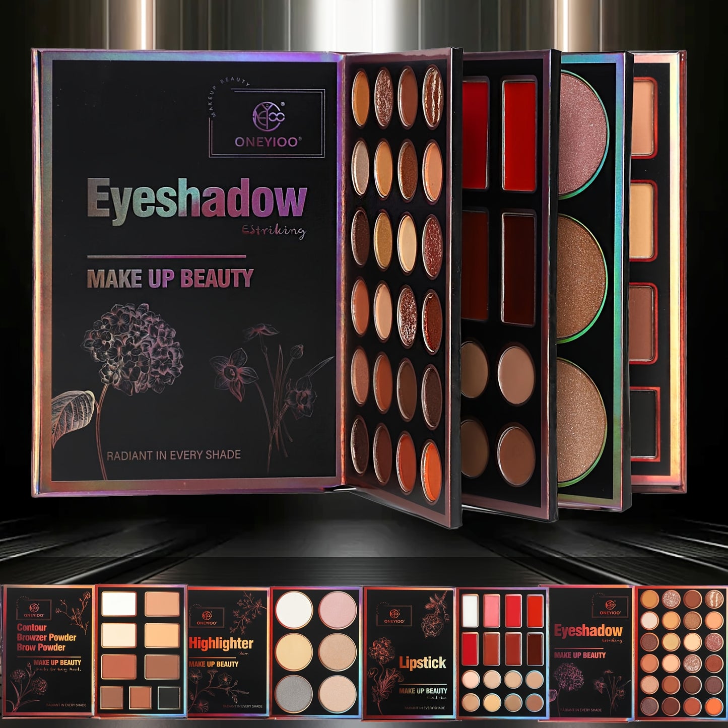 4-Page Makeup Palette, 55 Colors: 24 Eyeshadow Shades (Matte & Glitter), 6 Lip Colors, 9 Contour & Concealer Shades, 6 Highlighter & Eyeshadow Palettes in Berry, Pink, Purple, Red, Golden - Perfect Gift for Women on Special O