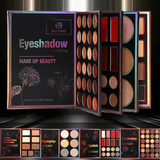 4-Page Makeup Palette, 55 Colors: 24 Eyeshadow Shades (Matte & Glitter), 6 Lip Colors, 9 Contour & Concealer Shades, 6 Highlighter & Eyeshadow Palettes in Berry, Pink, Purple, Red, Golden - Perfect Gift for Women on Special O