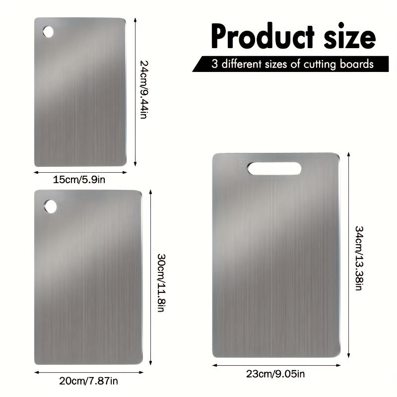 3 PCS Set High-Quality Stainless Steel Cutting Board | Double-Sided, Food-Safe, Stylish Trim, Perfect for Home Kitchen & Commercial Catering, Polished Surface End