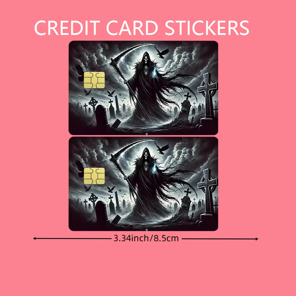 2 PCS Set Horror Death Scythe Pattern Credit Card Skins | Waterproof, Ultra-Thin, High-Quality, Scratch-Resistant, Self-Adhesive, Ideal for Credit, Bank, and Bus Cards, Perfect Gift for Friends, Plastic