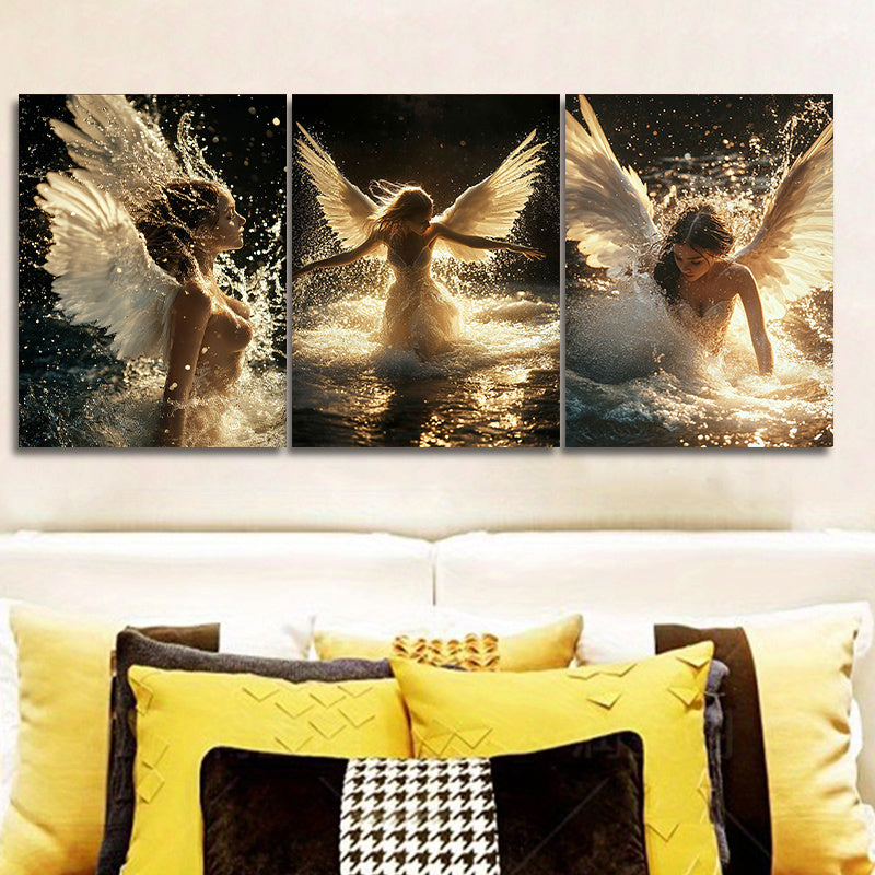 2D Flat Wrapped Canvas Painting 3pcs Set, Water Angel Canvas Wall Art, Modern Decorative Art Style, Wooden Frame Wrapped Canvas, Indoor Portrait Direction, Luxurious Wall Decoration, Suitable for Home, Office, Living Room, Di