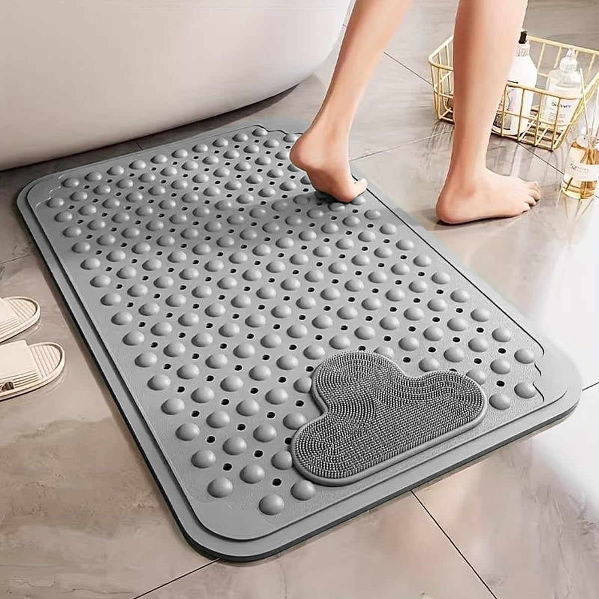 60x90cm Green Blue Cream and Gray Color Foot Massager – Textured Shower Mat with Suction Cup Backing, Drain Holes, and Easy-Clean Surface Bathroom Accessories