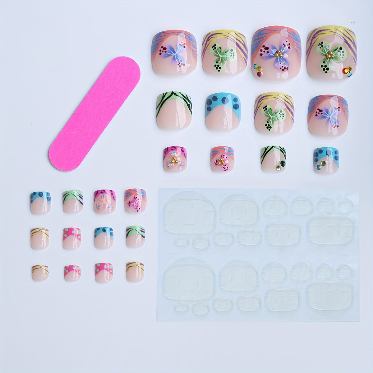 24 square short toe nails summer soda style Golden flower core three-petal flower dopamine Glitter blue purple black water ripple French edge spring green small flowers crylic press on nails sweet cool, beach vacation must-ha
