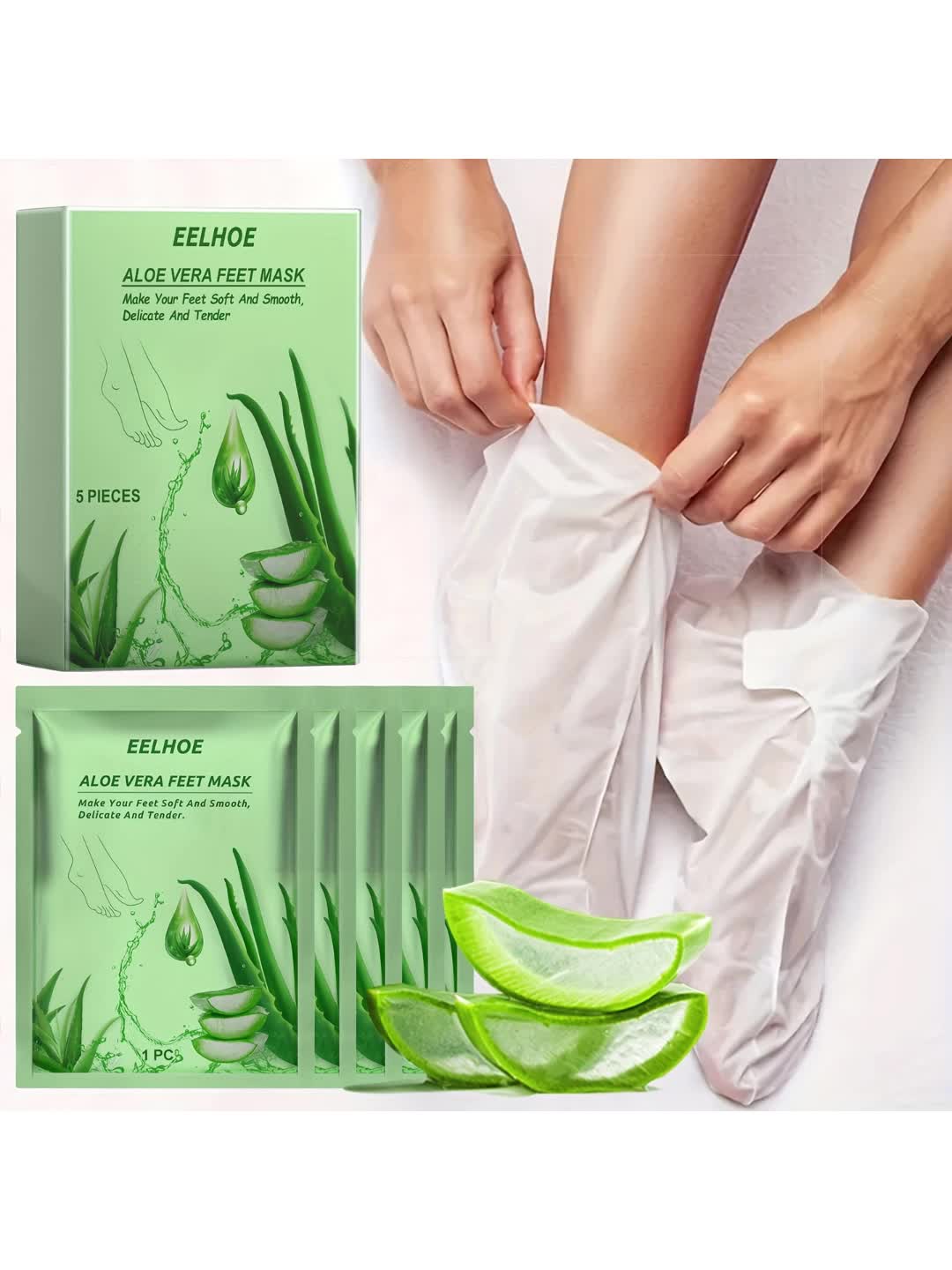 5 PCS Set Natural Aloe Vera from Crete Greece Plants Moisturizing, Hydrating, Exfoliating, and Firming Foot Mask with Aloe Vera for Skin Cleansing and Softening Skin Care Supplies