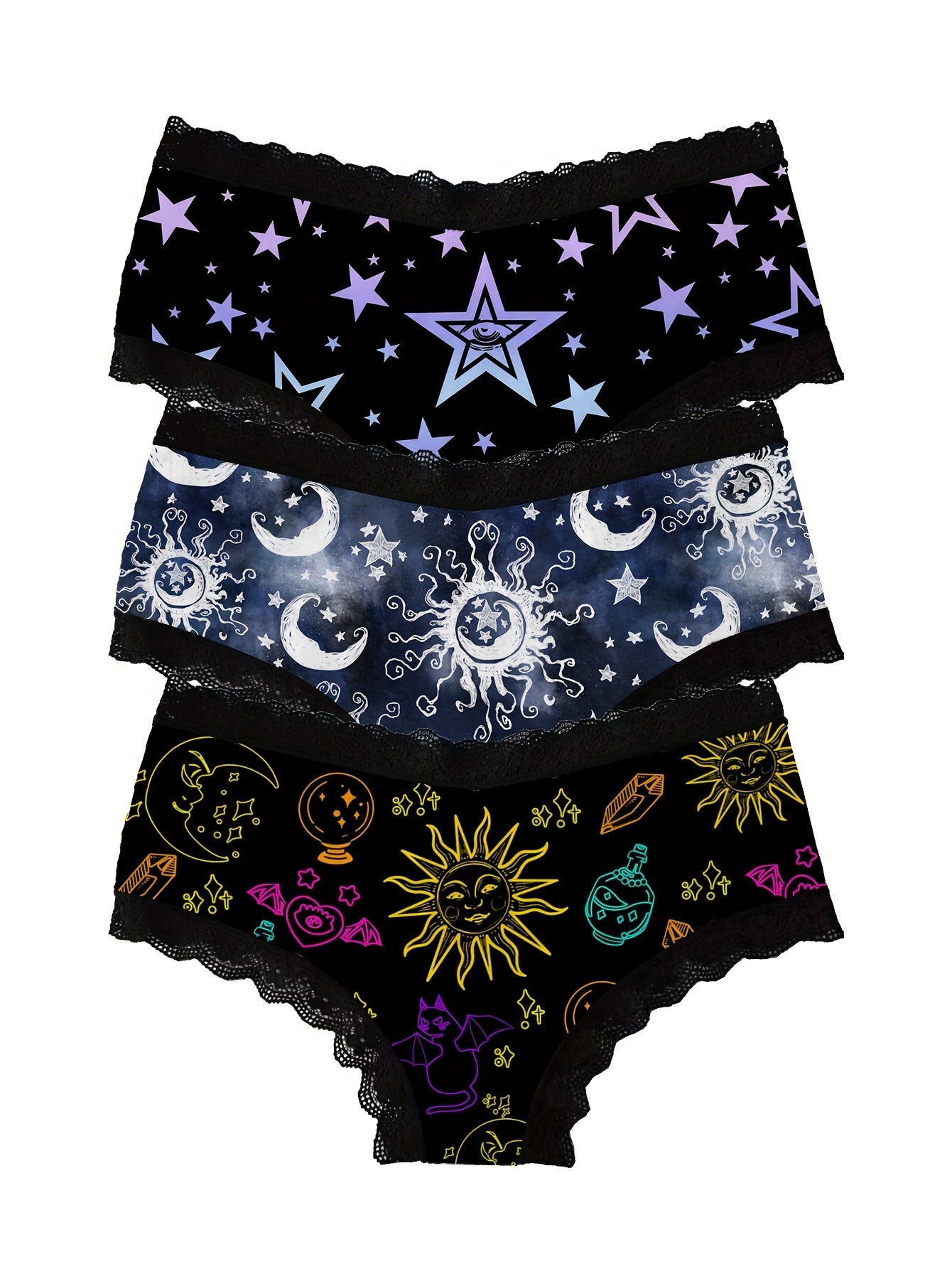 3 PCS Set UK Size Mystic Astronomy  Planetarium Allover Print Scallop Lace Trim Briefs, Sexy Comfy Breathable Stretchy Intimates Panties, Women's Lingerie & Underwear