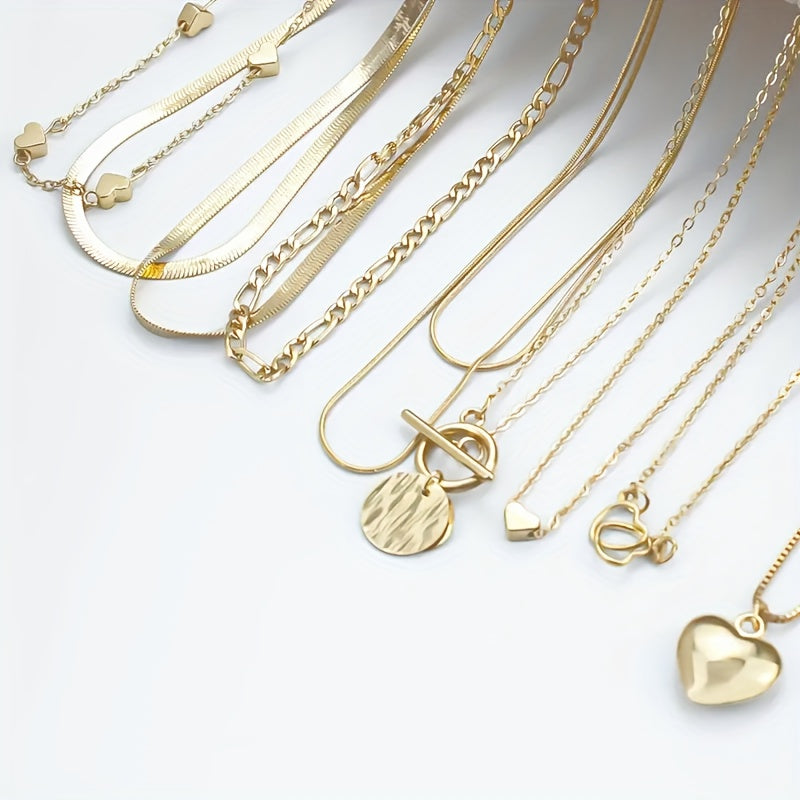 10 PCS Set Luxury Necklace Set Featuring Vintage Heart And Geometric Pendants with Snake Chains And OT Clasps, Perfect for Everyday Wear, Parties, And Gifts Women Jewelry Accessory Sets