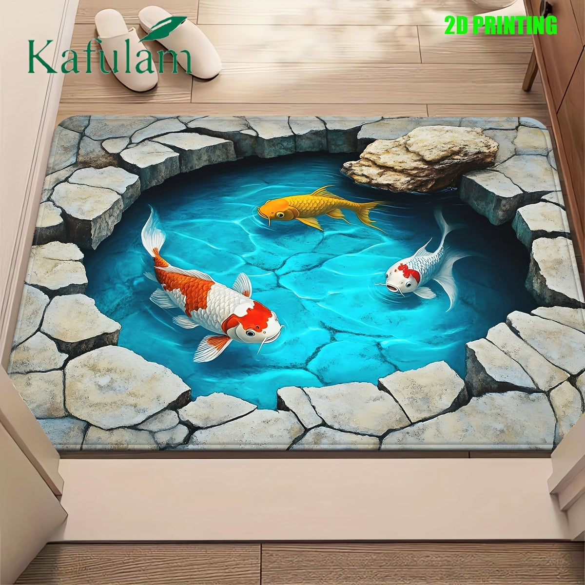 2D Carpet with Koi Fish Design | Flannel and Polyester, Machine Washable, Suitable for Bathroom, Bedroom, Living Room Entrance | Durable and Decorative Bath Mat