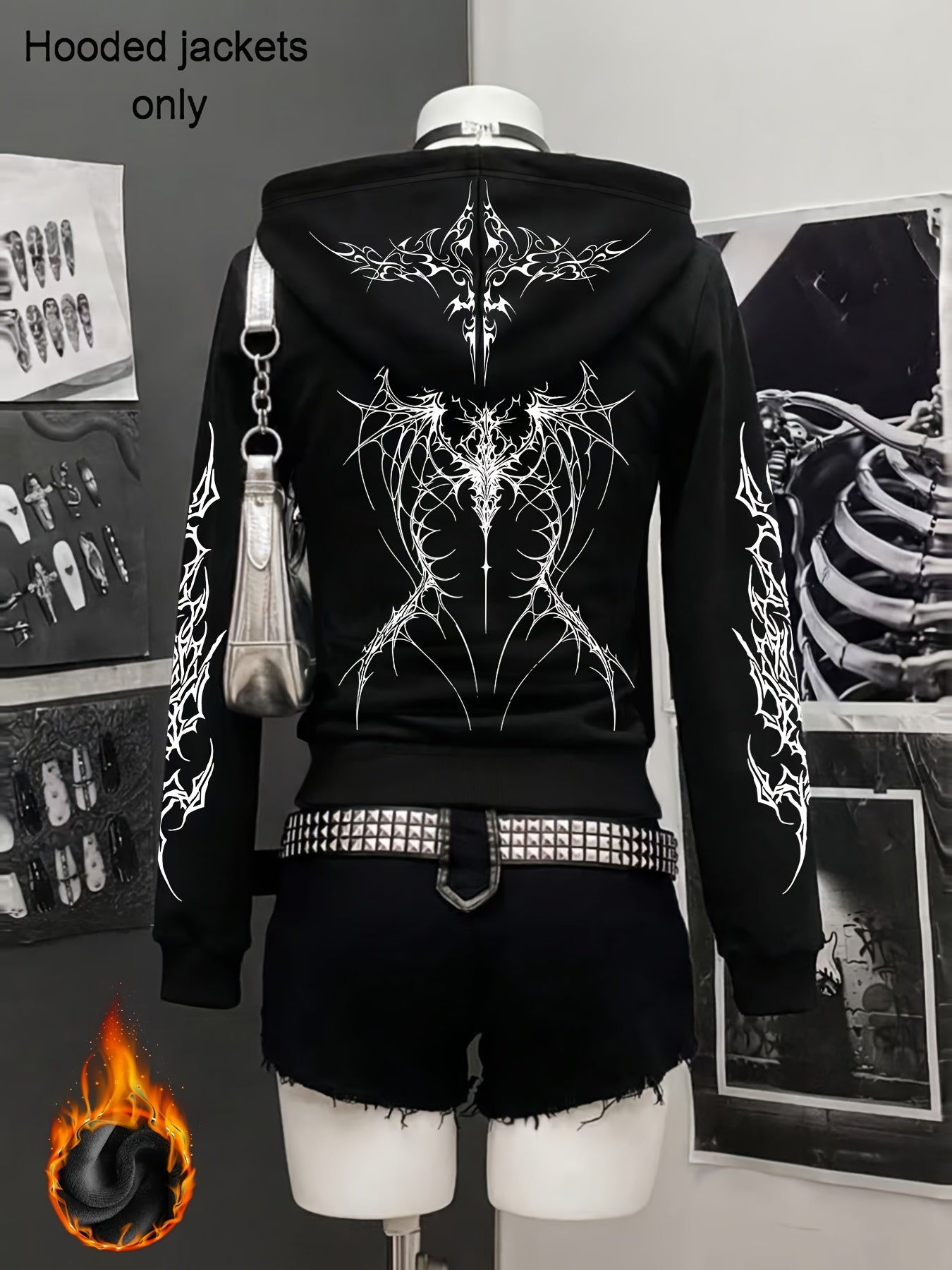 Autumn And Winter Y2K Gothic Style Printed Trendy New Zip Design Thick Plush Black Hooded Zip Jacket, Black Cardigan for a Casual And Relaxed Commuting Look
