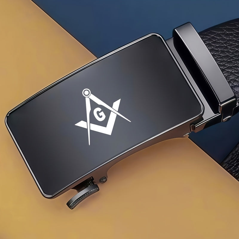 Freemason G-Inspired Pattern Men's Business Leather Belt, Fashionable Automatic Buckle for Secure and Effortless Wear, A Must-Have for Gentlemen, Suitable for Commuting and Travel, High Quality Belt