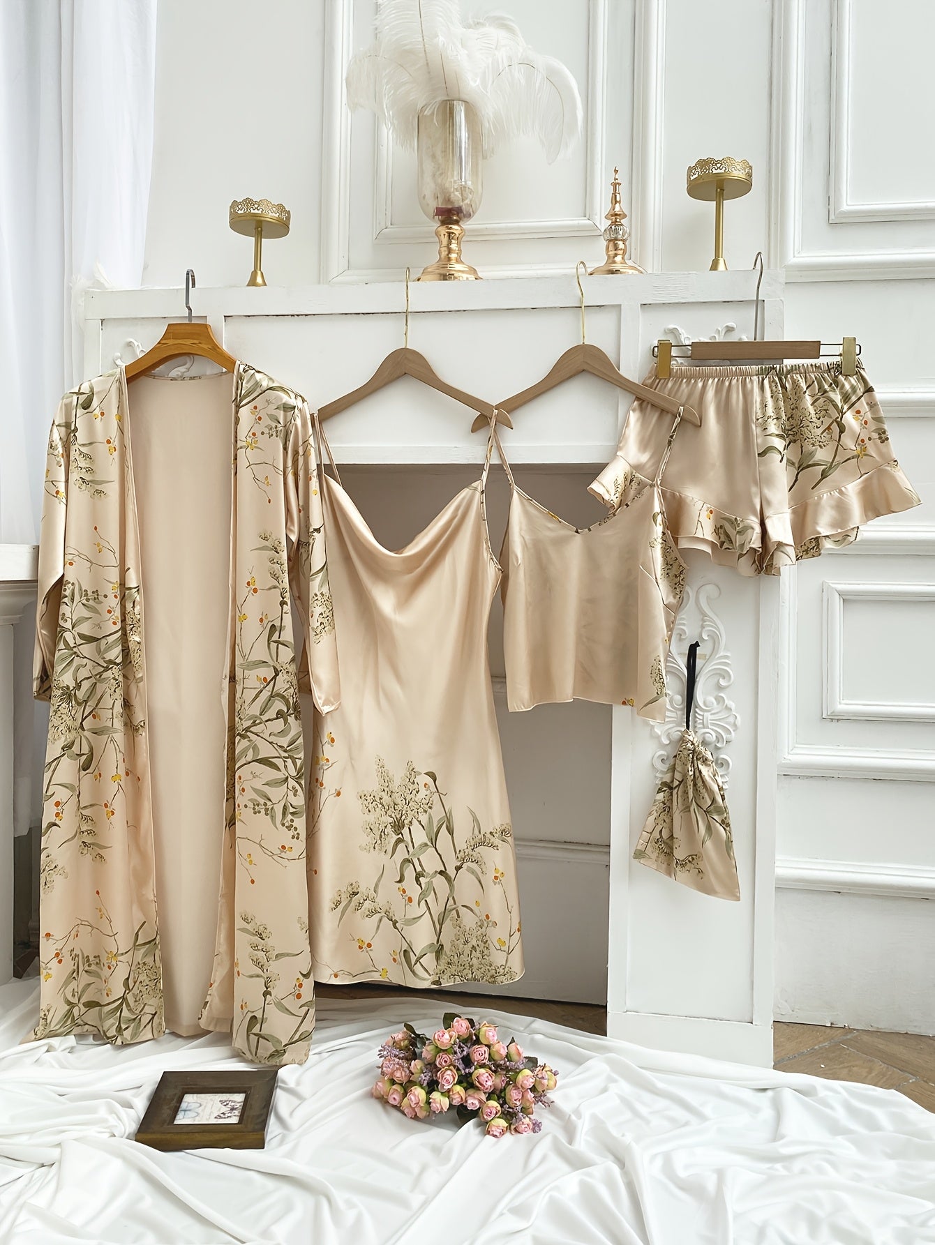 5 PCS Set UK XL-5XL (18-26) for Curvy Women, Featuring a Stylish Cherry Print Sleep Robe, Camisole, Shorts, And a Storage for All Seasons