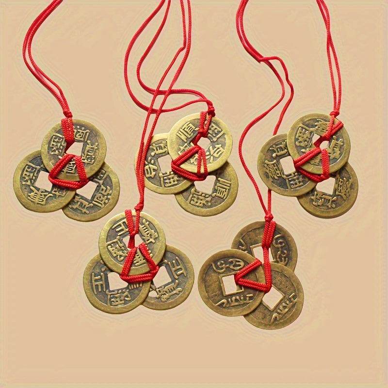NEW 9 PCS  Retro Chinese Traditional Red Rope Lucky Coins - Antique Brass Feng Shui Decorative Pendant, Feng Shui Decoration, New Year, Spring Festival, Christmas Decoration, Feng Shui Accessories