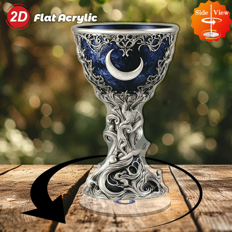 2D Flat Spinning Acrylic Tabletop Decor Featuring A Mystical Chalice Secret Society Sacred Ceremonies with Azure Interior And Silvery Filigree for Enchanting Home Or Office Settings