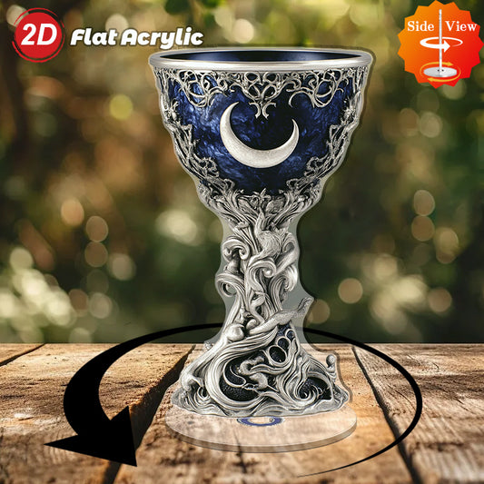 2D Flat Spinning Acrylic Tabletop Decor Featuring A Mystical Chalice Secret Society Sacred Ceremonies with Azure Interior And Silvery Filigree for Enchanting Home Or Office Settings