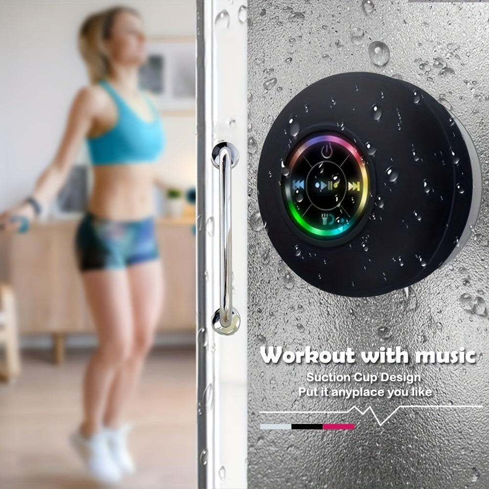 LED Bathroom Speaker, Compact Wireless Mini Speaker with USB Charging, Battery, Button Control, And a Large Suction Cup Included