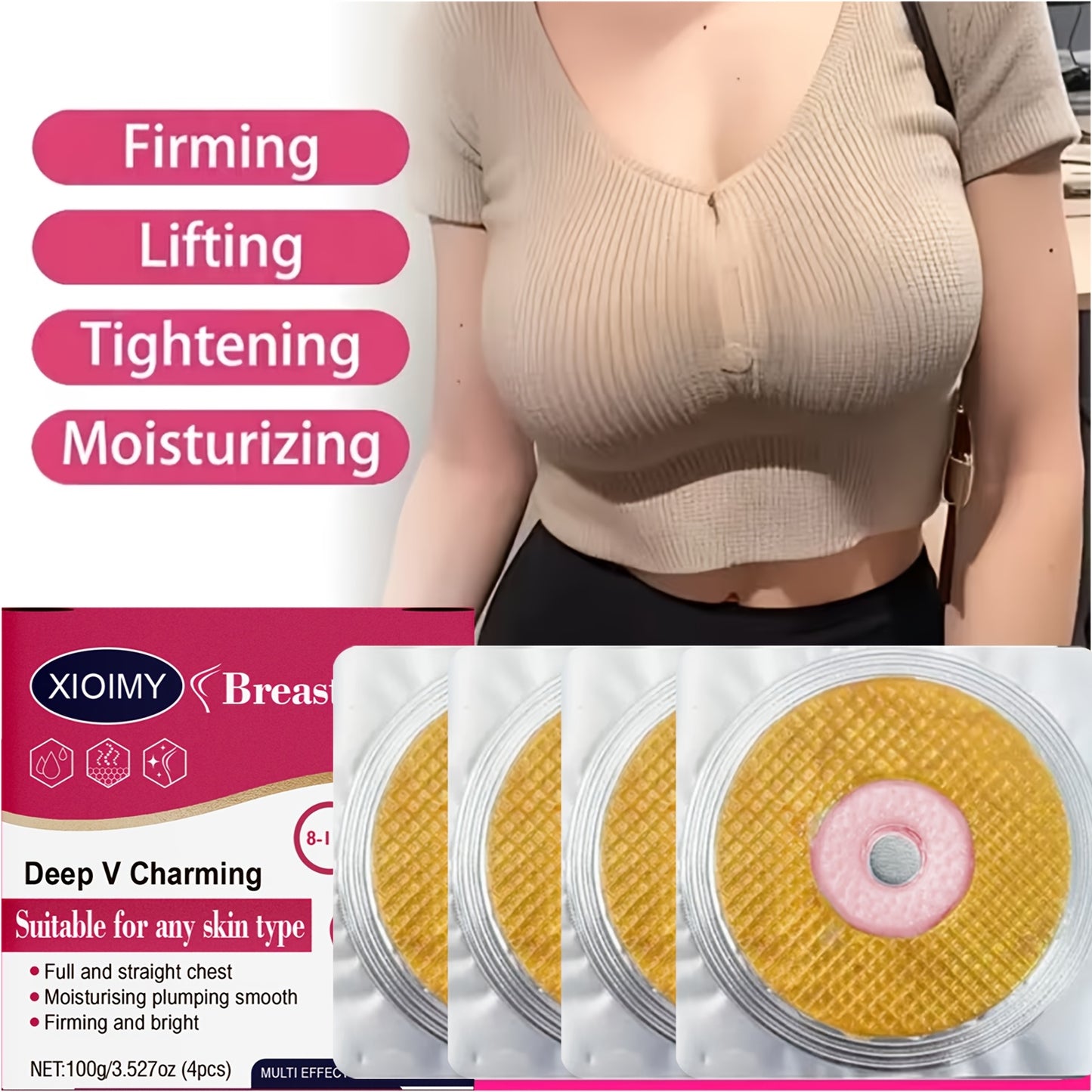 4 PCS Set of Instant Lift And Firm Breast Patches, Providing Intense Hydration And Deep Nourishment, Making The Skin on The Breasts Softer And More Hydrated, Infused with Aloe Vera And Hyaluronic Acid, Suitable for All Skin T