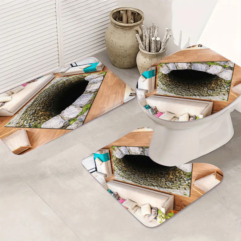3 PCS Set Old Stone Well Pattern Plush Flannel Non-Slip Toilet Mat | Absorbent, Washable, Decorative, Realistic 3D Illusion for Bath, Home Accents, Entrance, Kitchen, Living Room