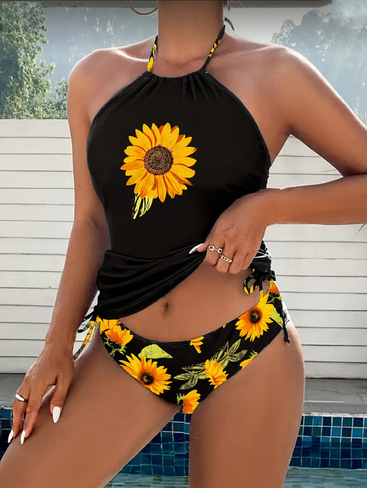 2 PCS Tankini Set S-XL Size Women's Fashion Slimming Halter Neck Sunflower Print Tankini Set, High Stretch Knit Fabric, Casual Floral Lace-Up Swimwear with Conventional Bottom