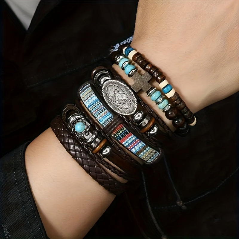 24pcs Retro Buffalo Head Turquoise Cowrie Wood Bead Bracelet Set - Brown Faux Leather with Star & Feather Pendants, Ideal Gift for Friends, Daily Occasion, Earth Day, Mother'S Day, Campus Event, Everyday Bracelet | Retro Styl