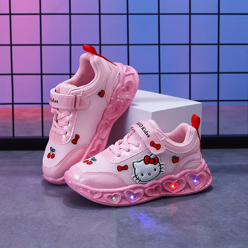 Girls' Glow-In-The-Dark Sneakers with Lights - Pink & White Kitty Design, Soft EVA Cushioned Insole & Durable PVC Sole, Breathable Mesh & Fabric