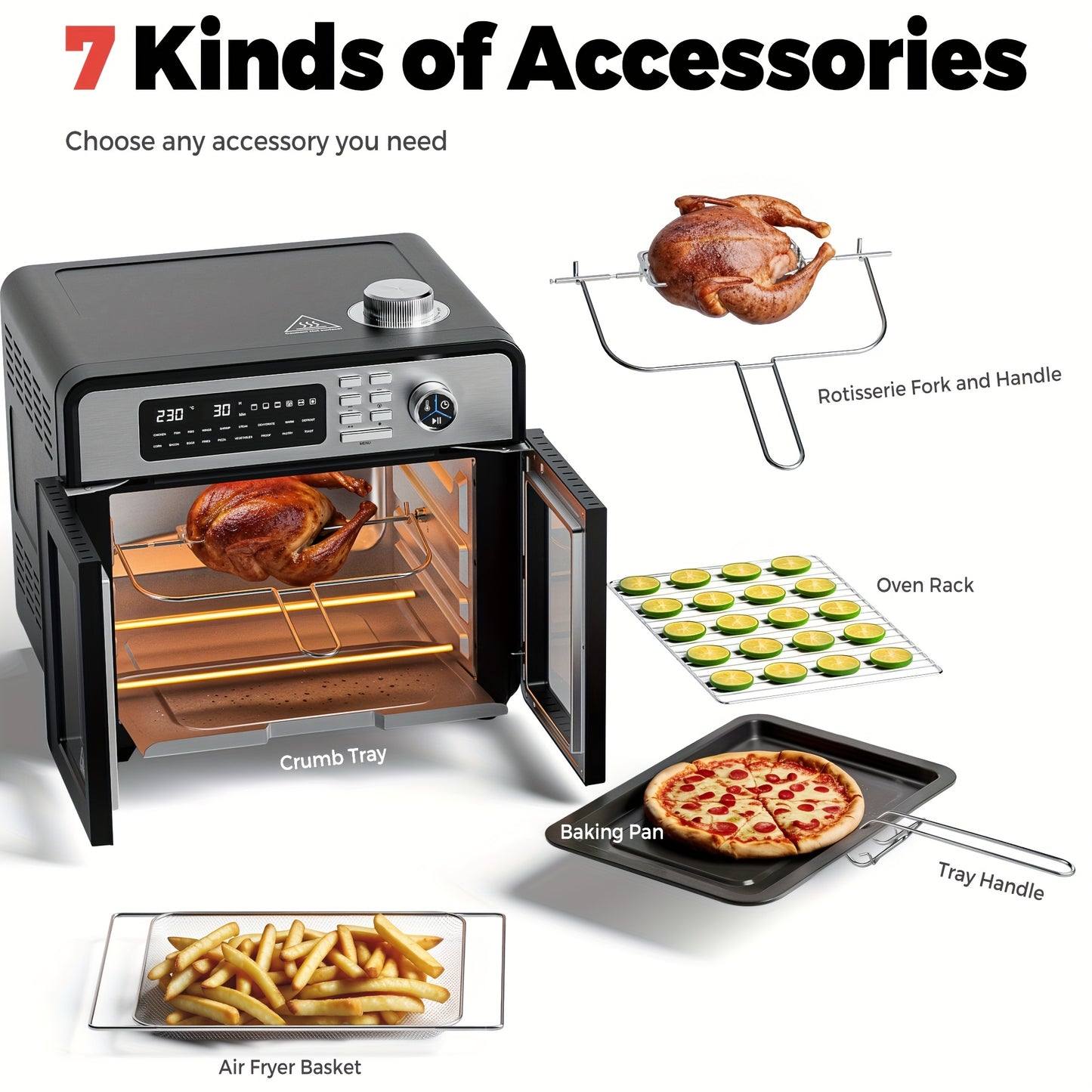 28L Air Fryer Oven with Rotating Grill, 18-in-1 Large Air Fryer Cooking Top-to-Bottom Convection Oven, Oil-Free Air Fryer Quick Baking, Pizza, Grilling, Bread, Dehydrating, 1700W Full Accessory