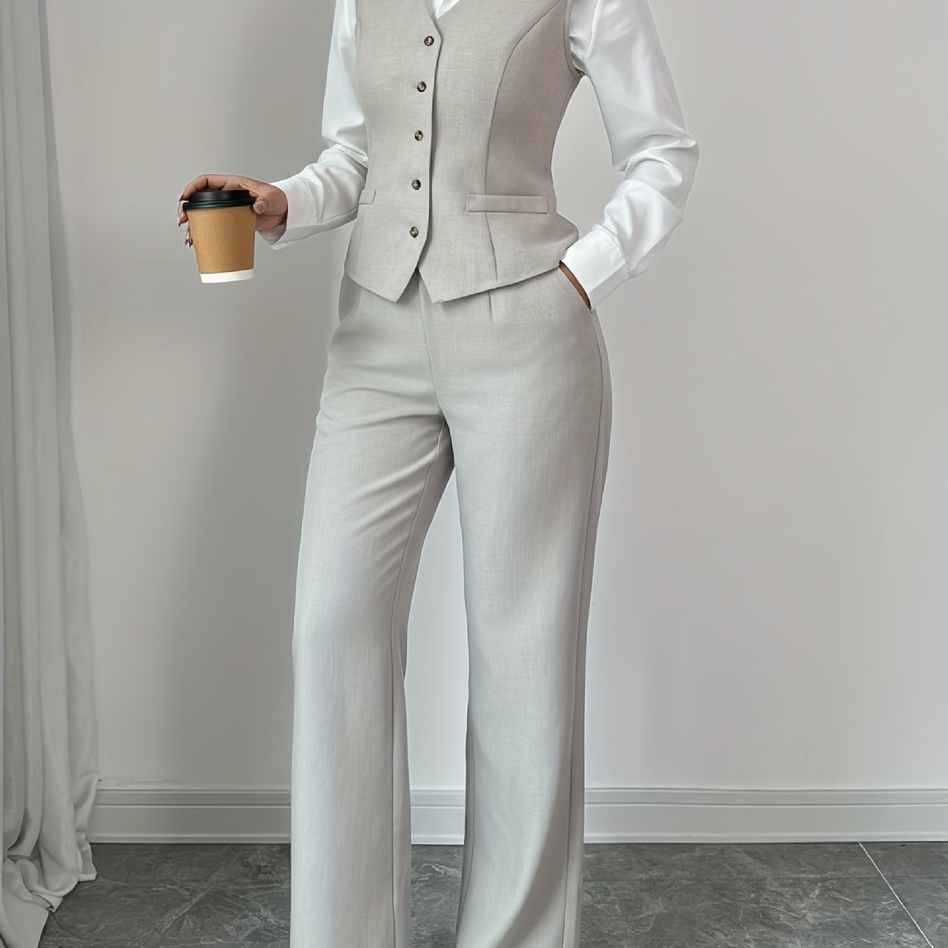 2 PCS Set UK 8-18 Size 5 Colors New Summer Women's Casual Elegant Chic Solid Color Sleeveless Single-Breasted Waist-Cinching Vest + High-Waist Wide-Leg Pants