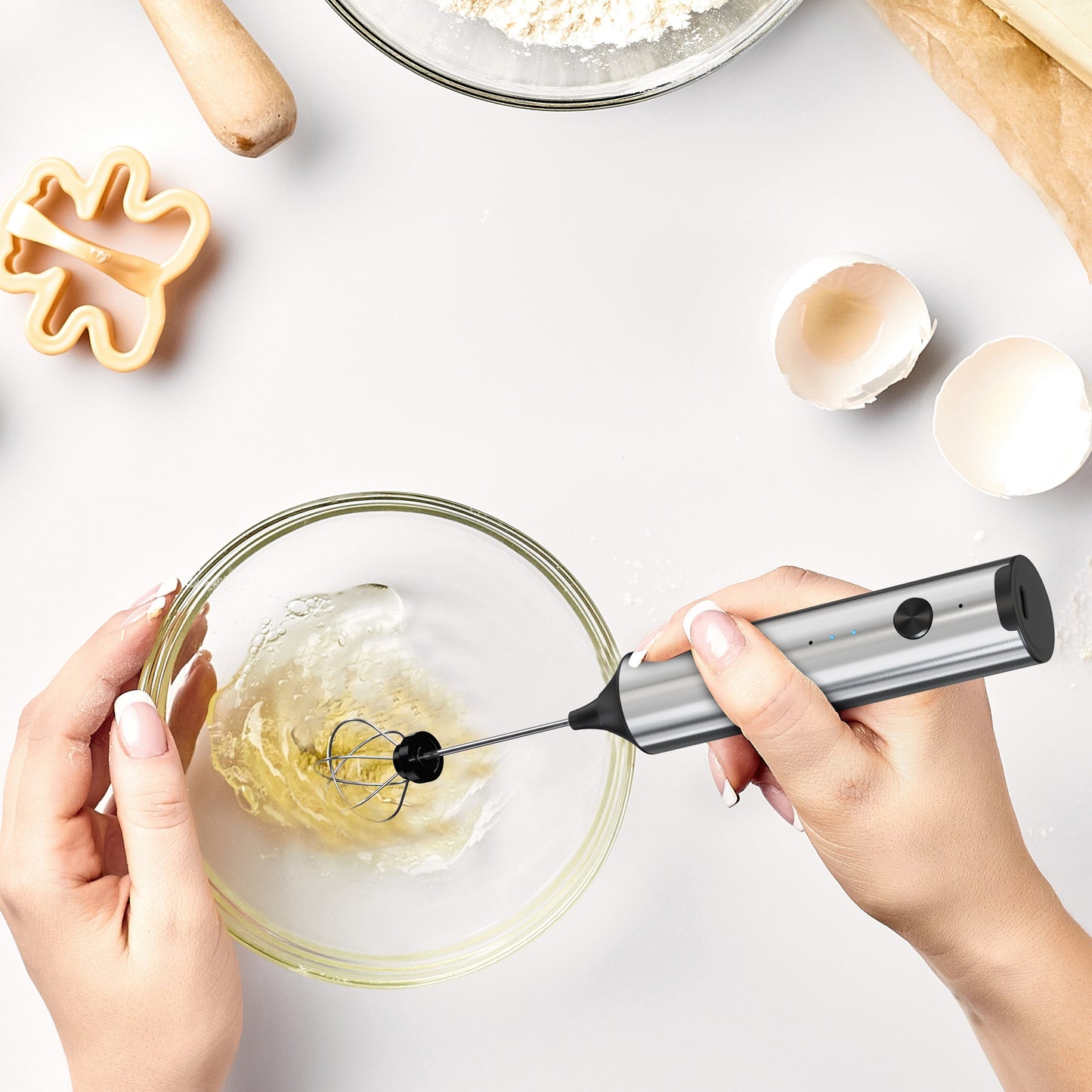 Rechargeable Electric Milk Frother, Handheld Foam Maker Whisk with 2 Heads 3 Speeds Drink Mixer, Built-in Mixing Heads for Both Milk Beaters And Egg Beaters, Quick Foaming Coffee Whisk for Coffee, Latte, Wedding Gifts, Portab