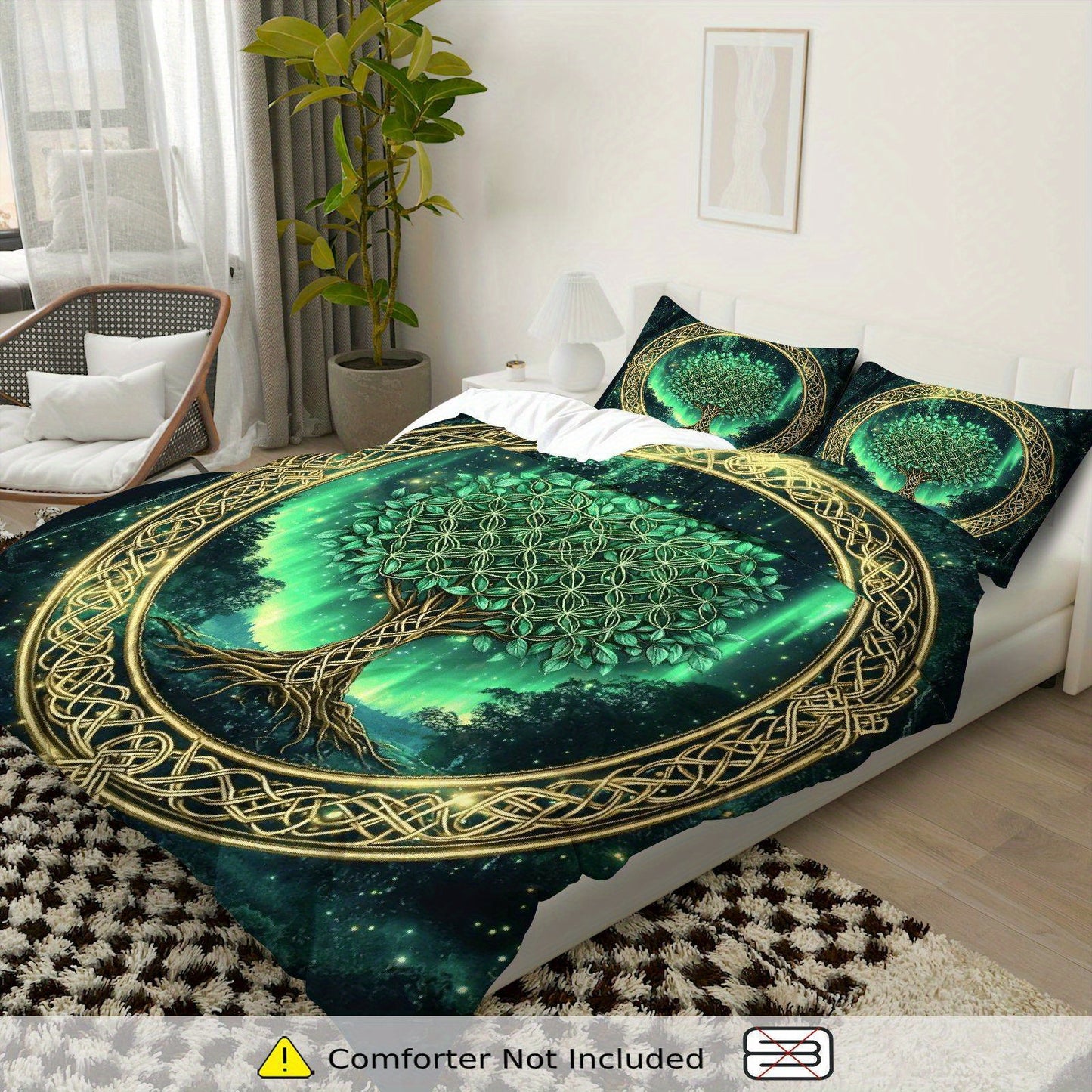 3 PCS Set *TREE OF LIFE* Duvet Cover Set, 1 Duvet+2 Pillowcases (Without Filler), Celtic Tree of Life Green Aurora Fantasy Theme, All Season Bedding Set, Mystical Forest Suitable for Decoration Bedroom Living Room Guest Room