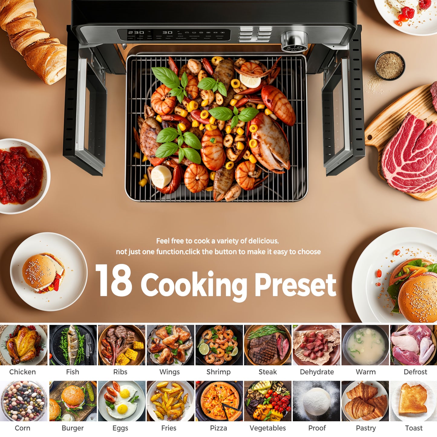 28L Air Fryer Oven with Rotating Grill, 18-in-1 Large Air Fryer Cooking Top-to-Bottom Convection Oven, Oil-Free Air Fryer Quick Baking, Pizza, Grilling, Bread, Dehydrating, 1700W Full Accessory