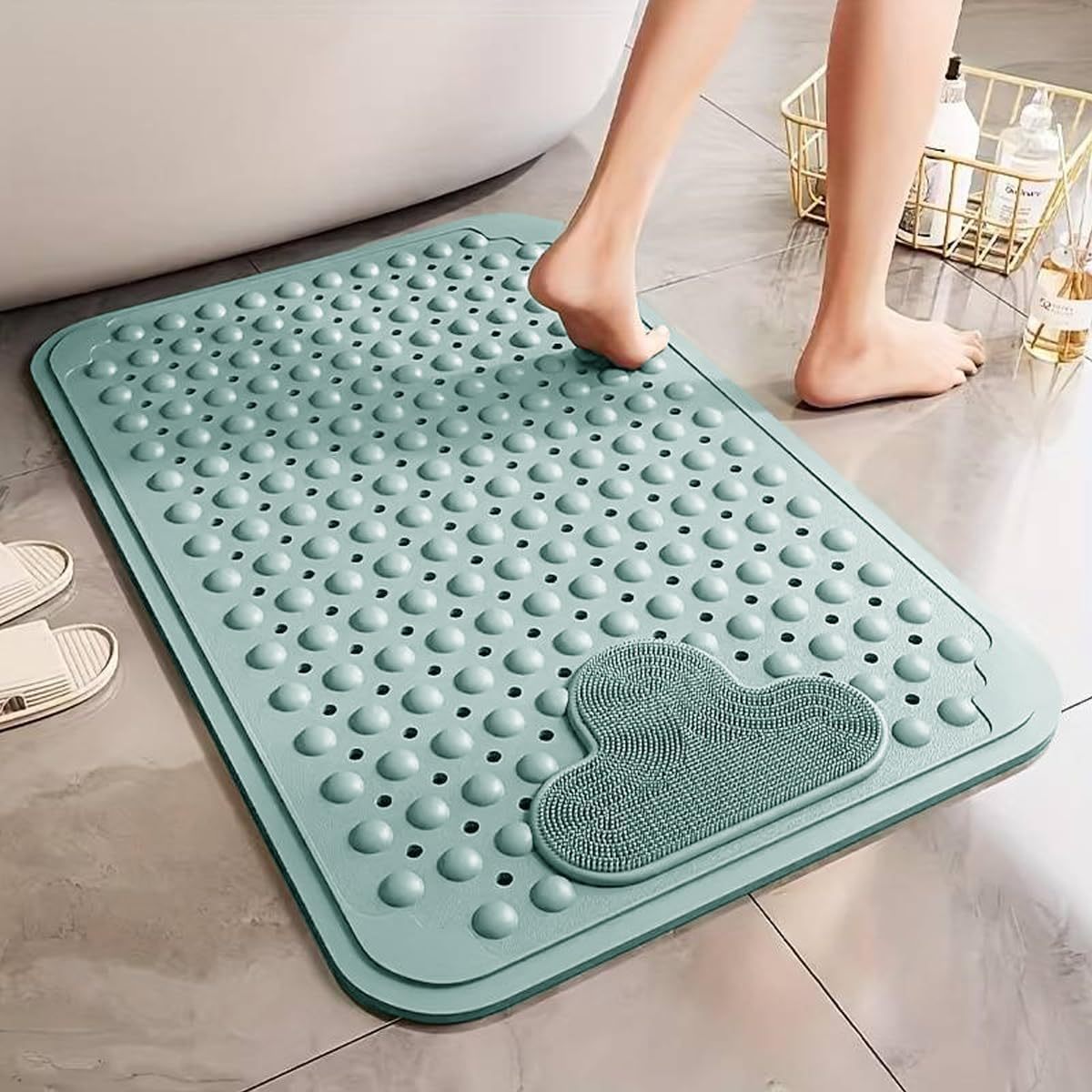 60x90cm Green Blue Cream and Gray Color Foot Massager – Textured Shower Mat with Suction Cup Backing, Drain Holes, and Easy-Clean Surface Bathroom Accessories