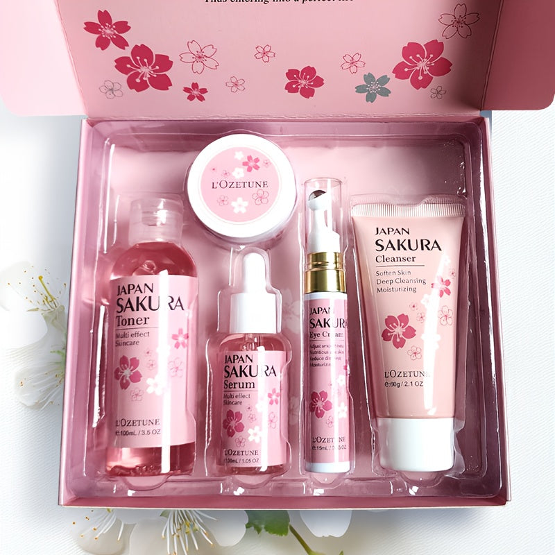 5PCS Set Japanese Sakura Cherry Blossom Skincare Set: moisturizing toner, eye cream, cleanser, face cream, cherry essence. Fits all Light Beige (dry, normal, combination). Great for post-facial hair removal