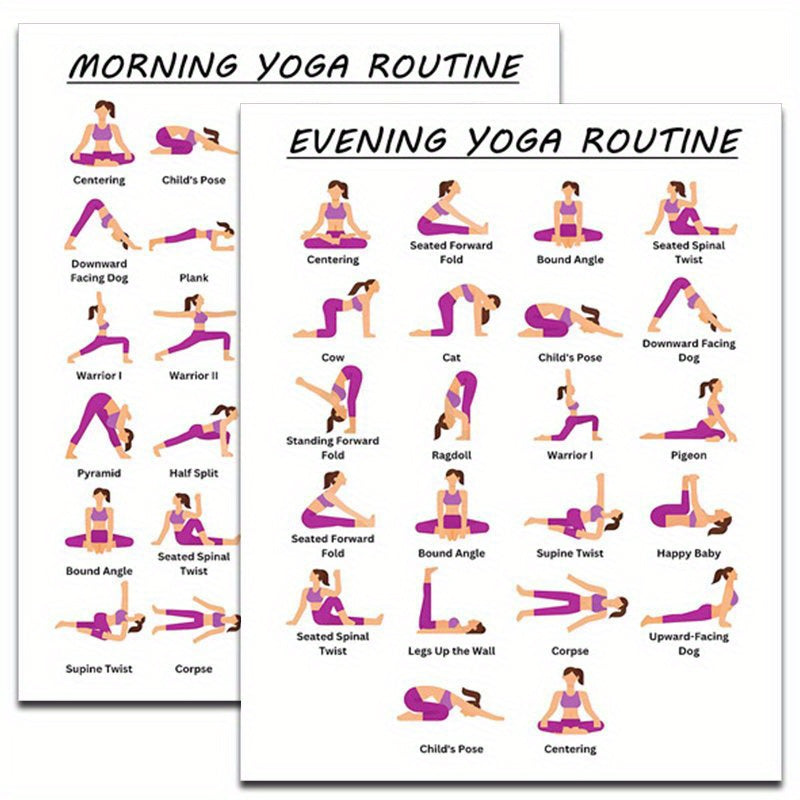 NEW Upgraded 2 PCS Home Gym Morning & Evening Yoga Routine Flow - 20.32x25.4cm Unframed Workout Guide with Poses & Stations for Home Gym, Pilates, and Stretching - White, Fitness Planner, Illustrated Poses, Quality Paper Mate
