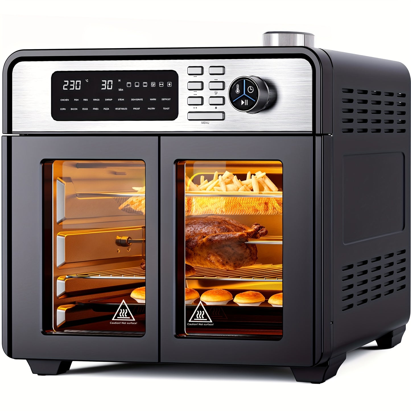 28L Air Fryer Oven with Rotating Grill, 18-in-1 Large Air Fryer Cooking Top-to-Bottom Convection Oven, Oil-Free Air Fryer Quick Baking, Pizza, Grilling, Bread, Dehydrating, 1700W Full Accessory