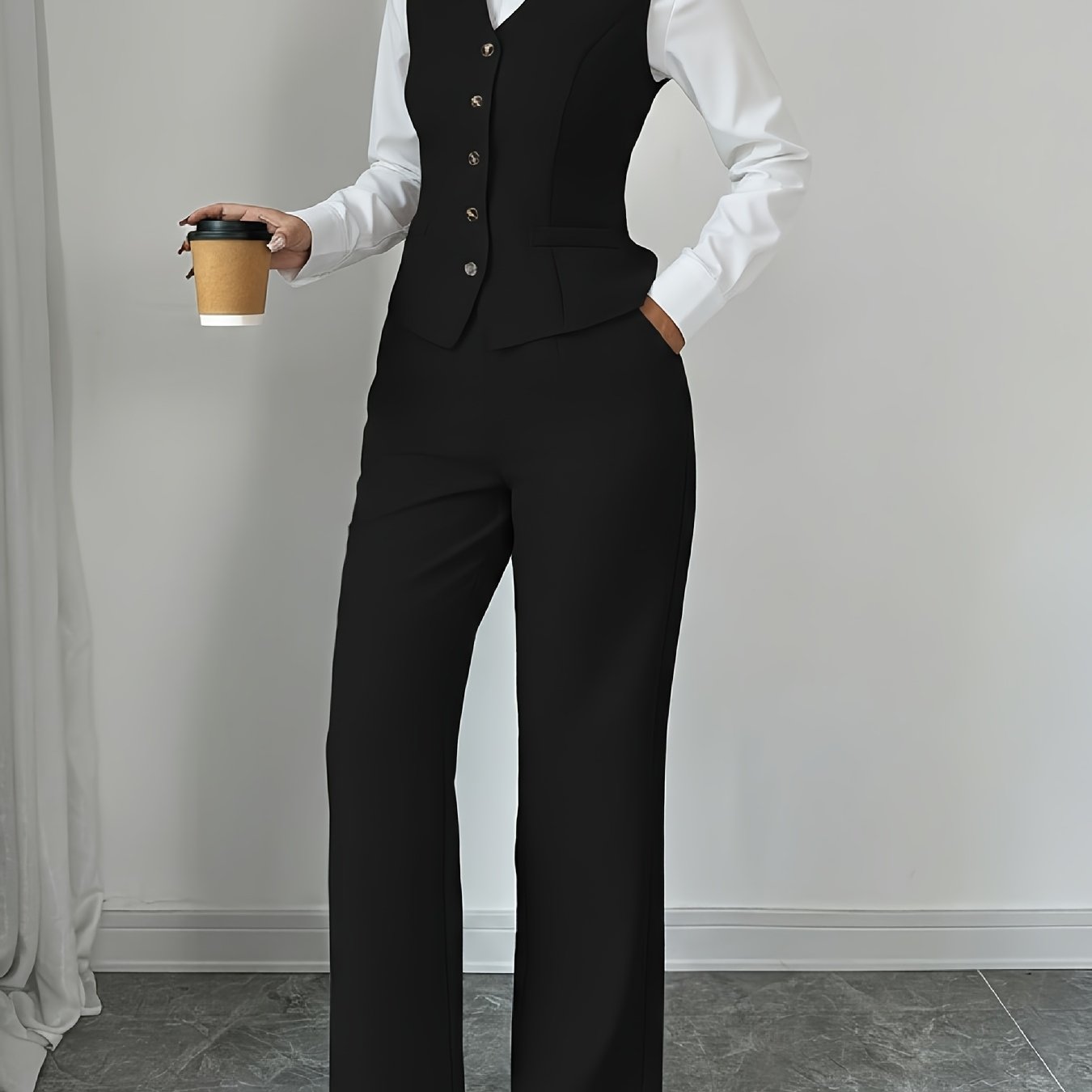 2 PCS Set UK 8-18 Size 5 Colors New Summer Women's Casual Elegant Chic Solid Color Sleeveless Single-Breasted Waist-Cinching Vest + High-Waist Wide-Leg Pants