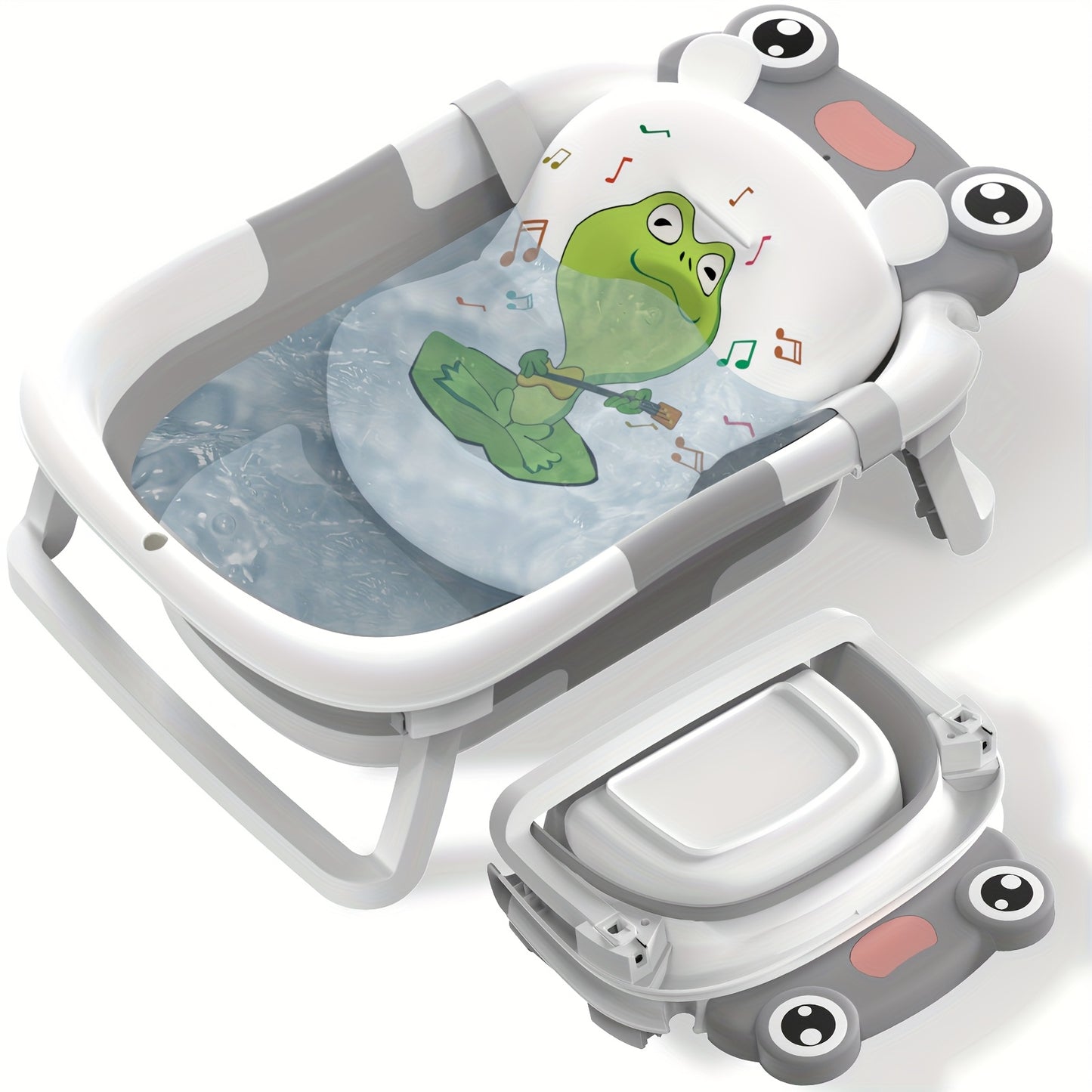 Collapsible Baby Bathtub for Infants, Essential for Newborns, Featuring a Portable Design with an Adorable Frog-Patterned Headrest. It Is Important That Children Are Supervised While Using It. This Travel-Friendly Bathtub Is