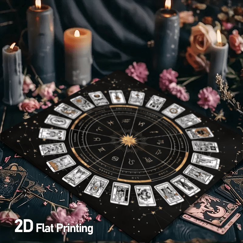 Zodiac Chart Tarot Tablecloth - Black & Golden Astrological layout with 12 Zodiac Signs - Heavy-Duty Machine-Washable Polyester Altar Cloth for Tarot, Astrology, Witchcraft, Meditation - Multiple Sizes (50x50/60x60/75x75/80x8