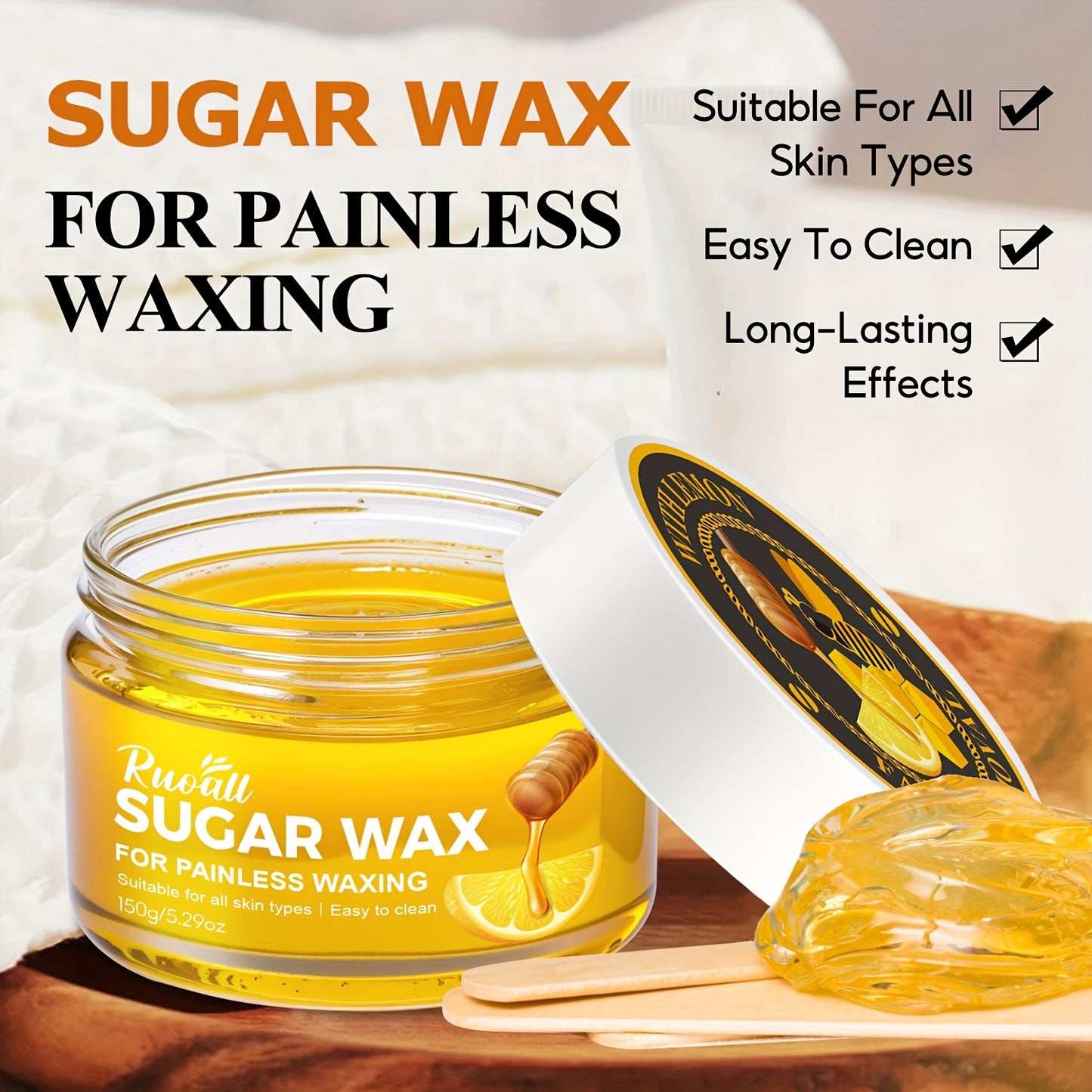 150G/5.29Oz Sugar Wax Hair Removal Kit (Five Wax Strips + Three Wooden Sticks), Features a Gentle And Non-Irritating Formula, Effectively Removes Hair Without Residue, Suitable for The Entire Body, Compatible with Various Hai