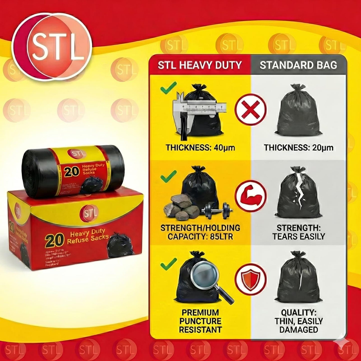 100 PCS Set Extra Strong Heavy Duty Black Bin Liners Rubbish Bags Waste Refuse Garbage Sacs Home Office Cleaning Accessories