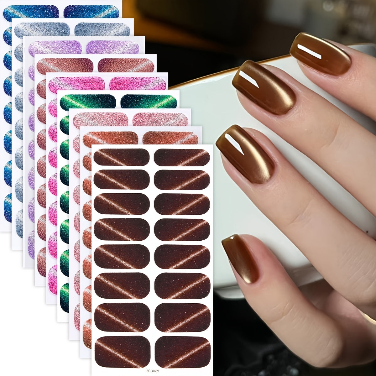 9 Sheets Set Polished Nail Strips, Cat's Eye Glitter Self-Adhesive Gel Nail Full Wraps, Salon Quality, Shimmery Resin, Single Use, Fantasy Theme, No Lamp Needed, Women's Party Nail Art Supplies