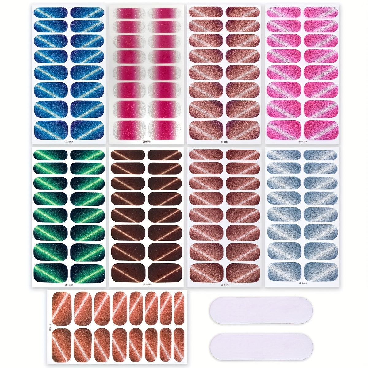 9 Sheets Glitter Gel Nail Stickers, Green Cat's Eye Full Cover Nail Wraps Sticker, Spring & Summer, Fresh style, One-Time Use, Super Good Texture, No Requiring Curing, Suitable for Women And Nail Art Home Salon, Easy to Apply