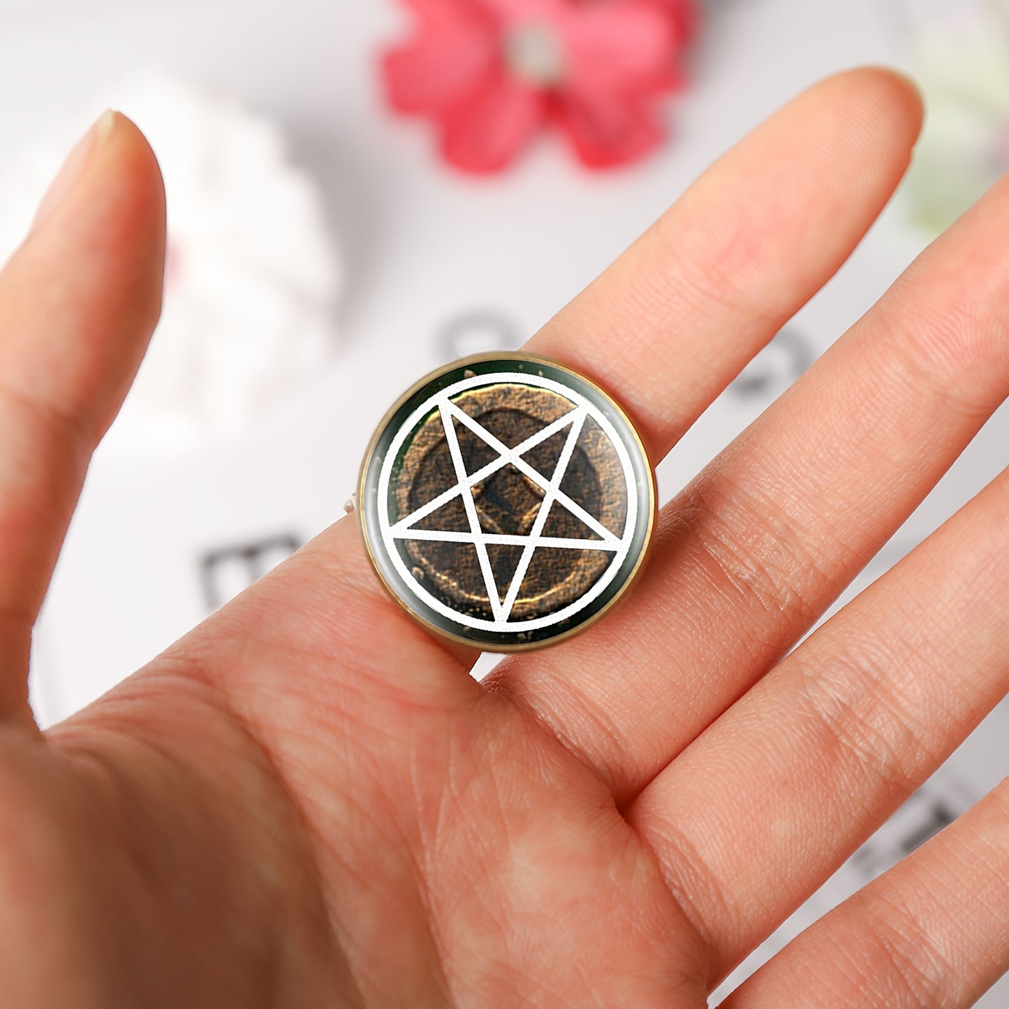 Pentagram Secret Society (unisex Wide-band Ring with Inlaid Patterns), Featuring a Mysterious Pentagram Design with a Vintage Metallic Finish and Circular Motif on a Dark Background. The Adjustable Width Ensures Comfortable W