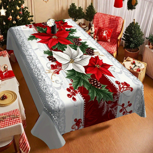 1pc Vintage Christmas Tablecloth - Red Poinsettias, Holly Berries & Elegant White Background - Durable Polyester Fabric Indoor/Outdoor Holiday Party Decorations - Easy-Clean Table Cover for Christmas Dining Decor, Festive Tab
