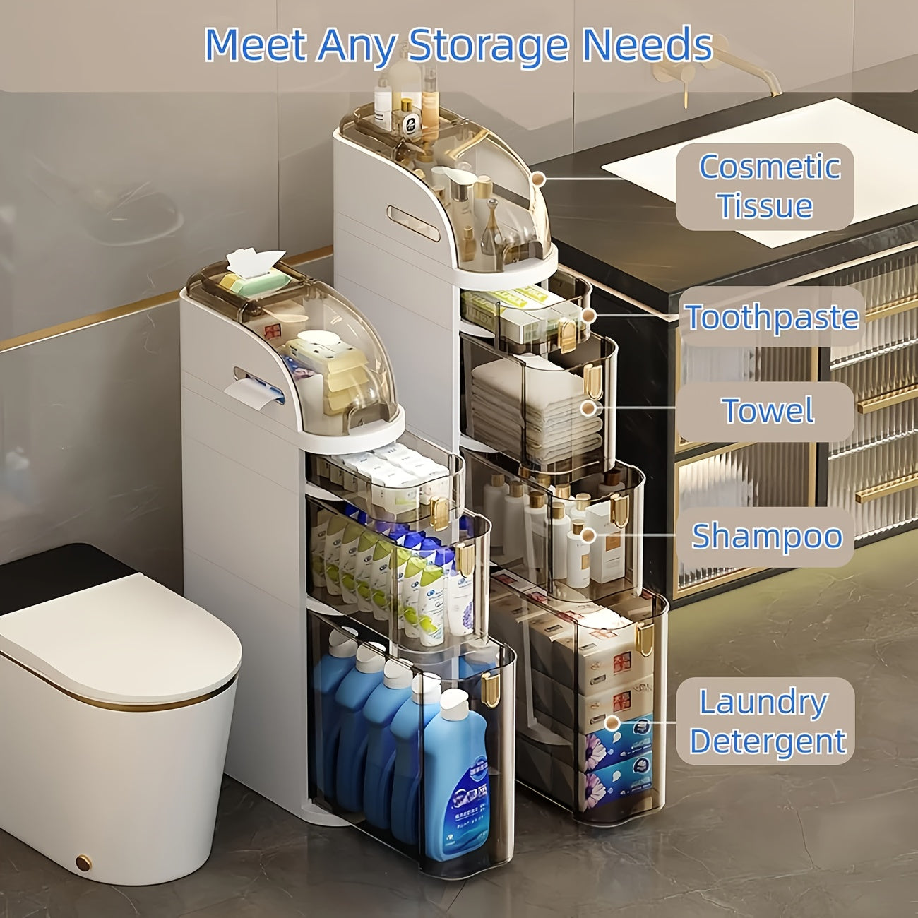 2- Tier Slim Bathroom Luxury Storage Cabinet Narrow Cabinet for Small Spaces- Out of Box, Under-Bed Storage