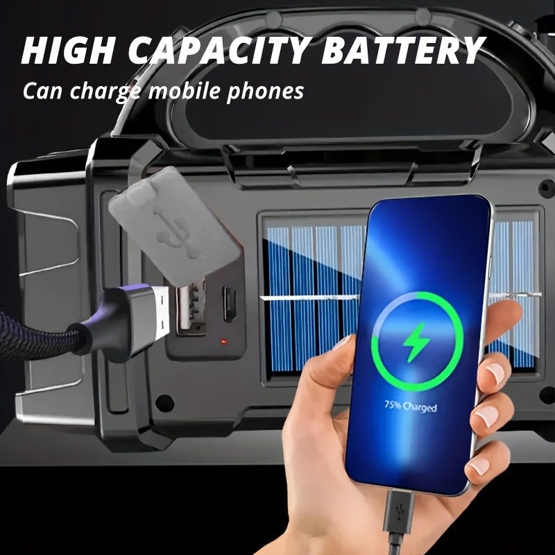 Multi-functional Solar Portable light, LED & COB Emergency light, USB charging, IP65, Front And Rear Dual Light illumination, Can Charge Your Cell phone, White Light & Yellow Light flashlight, Suitable for camping, hiking, ma