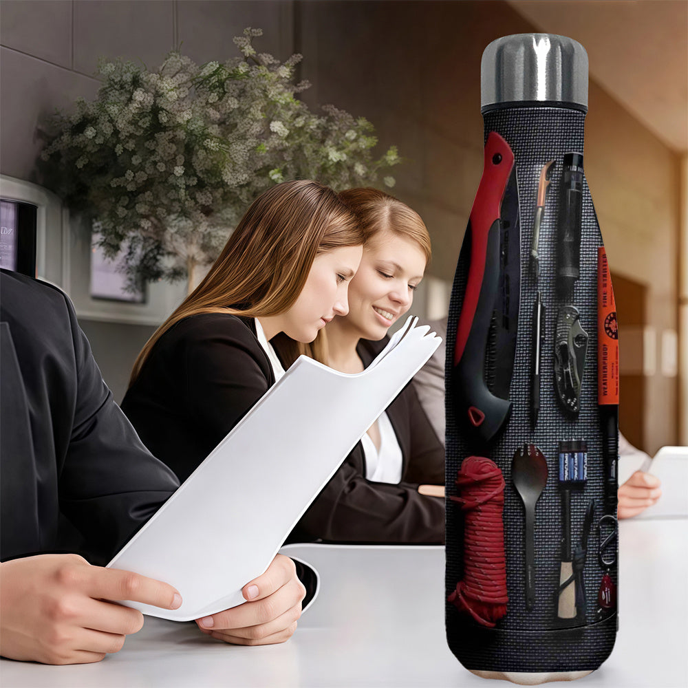 Heavy-Duty Survival Tumbler with Multi-Tool Cup - 17.5oz Double-Wall Vacuum Insulated, Leakproof Thermos with Built-in Knife, Fire Starter, Pliers & Compass Holder - Ideal for Camping, Hiking, Emergency Kit