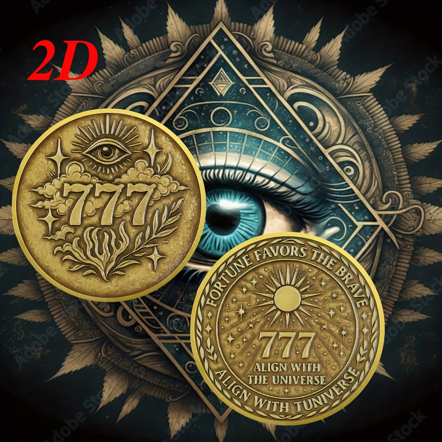 2D Omniscient Eye Lucky Coin | 777 Numerology Coin | Symbolizes Wealth Favoring Brave Souls | Aligns with Universe and Fate | Features Mysterious Symbols and Star Patterns | Exquisite Engraving | Ideal for Collectors or Gifti