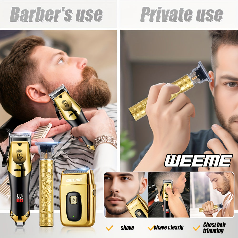 4pcs Men's Golden Electric Hairdresser Set, Household Beard Building Kit. Electric Hair Clipper + Electric Shaver + Electric Nose Hair Trimmer + Fine Trimmer. Used for Home, Car and Travel. Gifts for Fathers, Husbands, Sons,