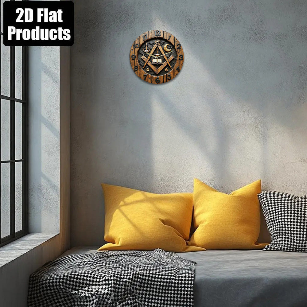 Masonic/Architect's Square-Themed Wall Clock Featuring Large Black Hands And Golden Numbers - Silent with No Ticking Sound, Includes Masonic Symbols (Compass, Square, Trowel) - Battery-Operated (AA Batteries Not Included)