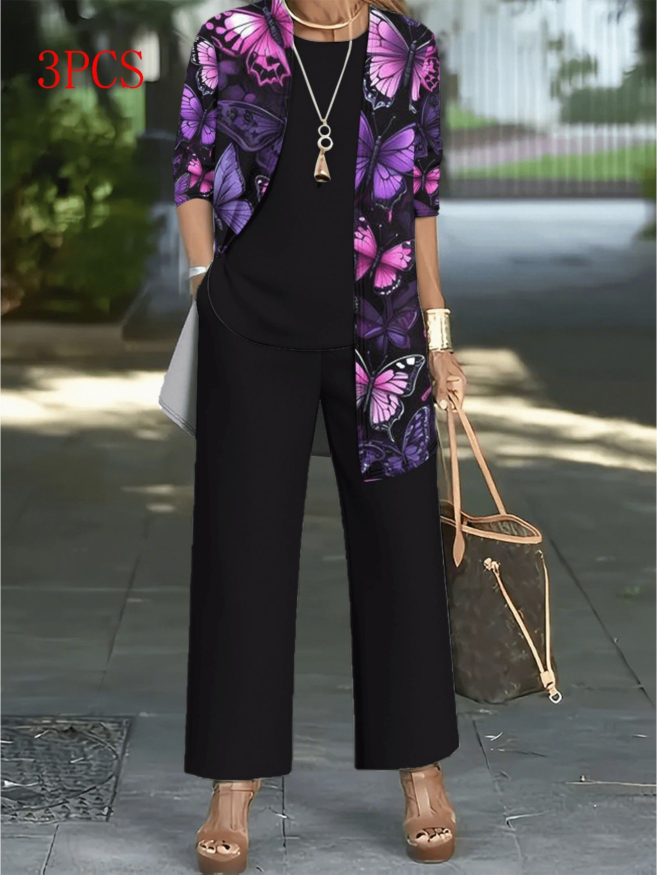 For Curvy Ladies 3 PCS Set XL-5XL UK (18-26) Plus-Size Women's Blazer Suit with Camisole, Pants & Jacket - Full-Body Print Round Neck Matching Outfit, Machine Washable Coordinated Ensemble for, Semi-Formal Events & Casual Att