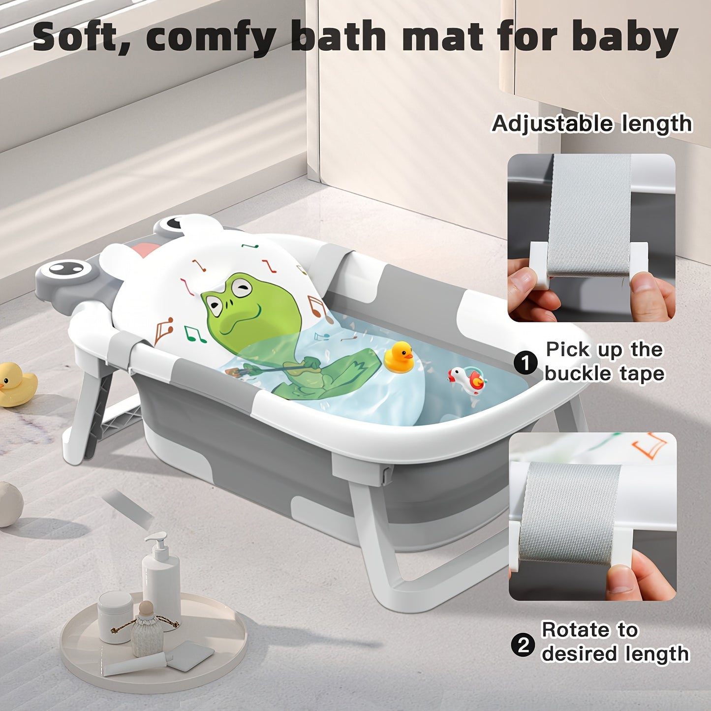 Collapsible Baby Bathtub for Infants, Essential for Newborns, Featuring a Portable Design with an Adorable Frog-Patterned Headrest. It Is Important That Children Are Supervised While Using It. This Travel-Friendly Bathtub Is